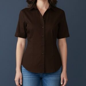 3/$30 NEW YORK & COMPANY Dark Brown Short Sleeve Button Down Landgirl Shirt